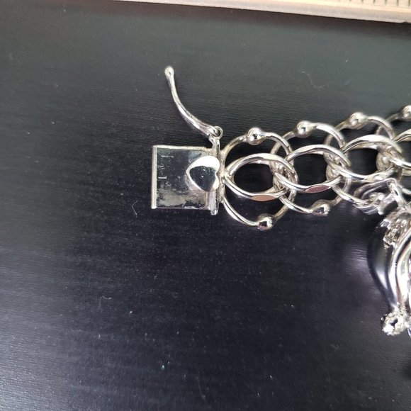 ELCO Sterling Silver Charm Bracelet, Double Chain with Ball Accents/Heart 7.25" - Picture 16 of 17